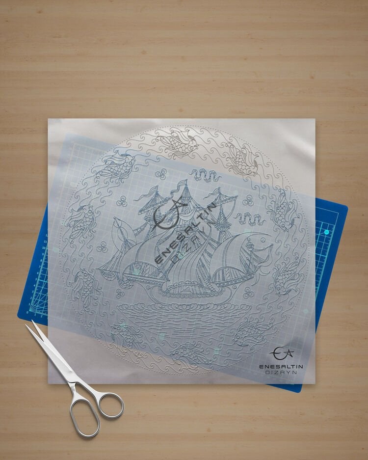 Şablon Desen 30 cm - Denizler Sultanı Kalyon ve Balık Dalgalı Kenar Çini Deseni