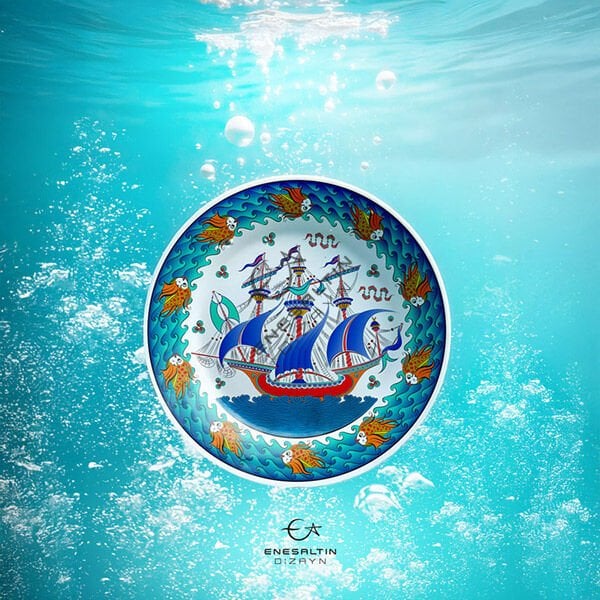 Şablon Desen 30 cm - Denizler Sultanı Kalyon ve Balık Dalgalı Kenar Çini Deseni