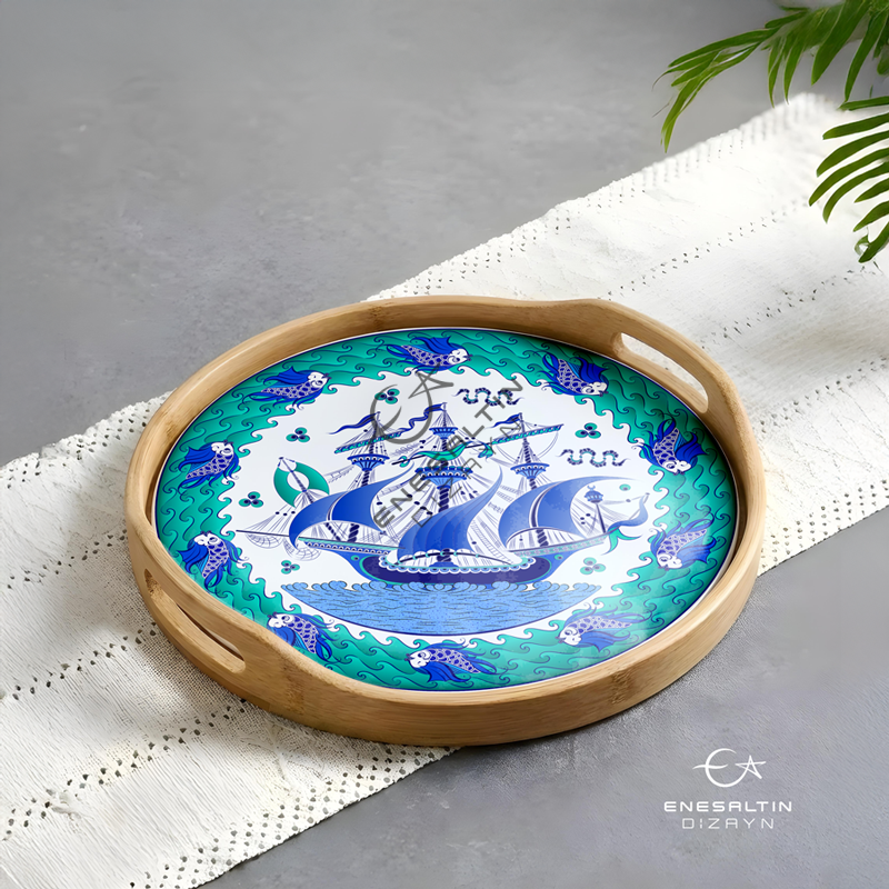 Şablon Desen 30 cm - Denizler Sultanı Kalyon ve Balık Dalgalı Kenar Çini Deseni