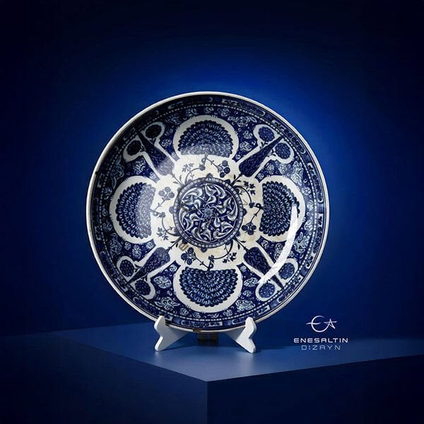 Şablon Desen 43 cm - Klasik İznik 1510 Rumi,Lotus, Selvi ve Yelpaze Motifli Çini Tabak Deseni