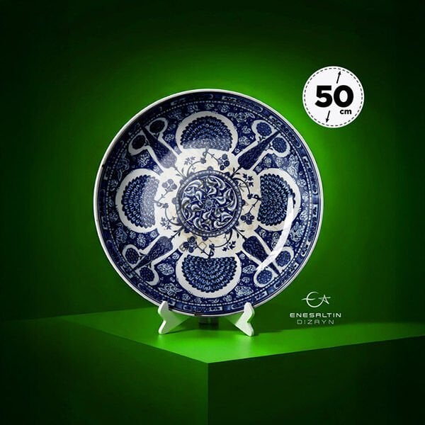 Şablon Desen 50 cm - Klasik İznik 1510 Rumi,Lotus, Selvi ve Yelpaze Motifli Çini Tabak Deseni