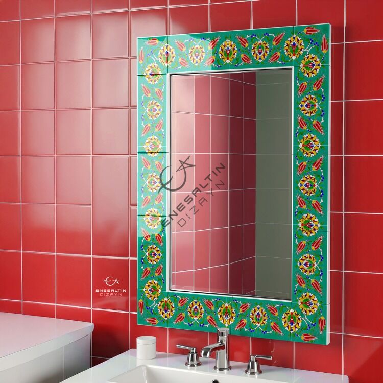 Şablon Desen 10x20 cm + 10x10 cm - Lale ve Hatayi Motifli Ayna Çerçevesi Çini Karo Deseni