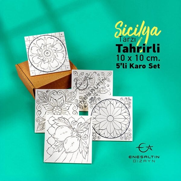 Tahrirli Ürün - 1. Versiyon Sicilya Tarzı 10 x 10 cm Tahrirli 5'li Karo Seti