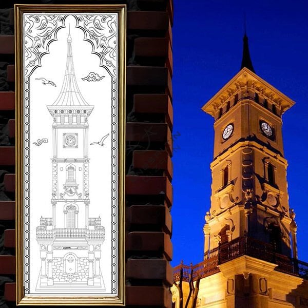 Şablon Desen 20 x 60 cm. - İzmit Saat Kulesi Kompozisyonlu Çini Karo Deseni