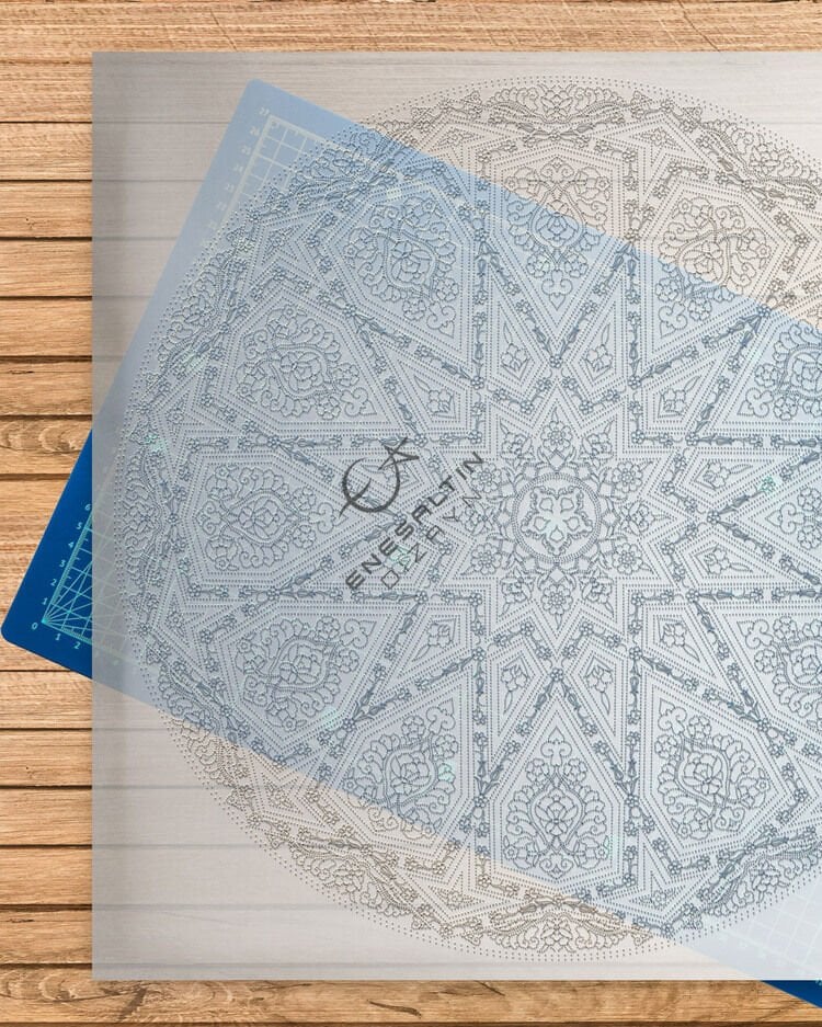 Şablon Desen 40 cm - Bulut Motifli Yıldız Geçme / Selçuklu Yıldızı Çini Tabak Deseni