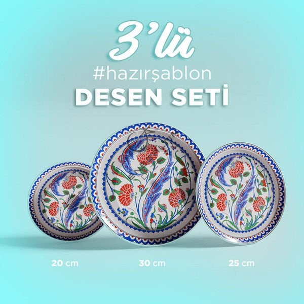 Ready-Made Template 3-Piece Design Set - Iznik 16th Century 3-Piece Rose Composition Tile Design