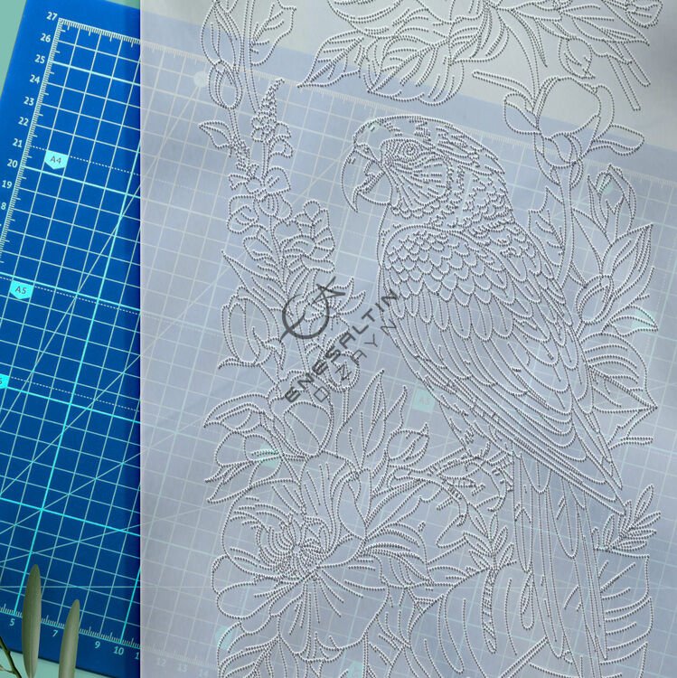 Şablon Desen 20x40 cm. - Papağan ve Tropikal Çiçek Egzotik Motifli Çini Karo Deseni