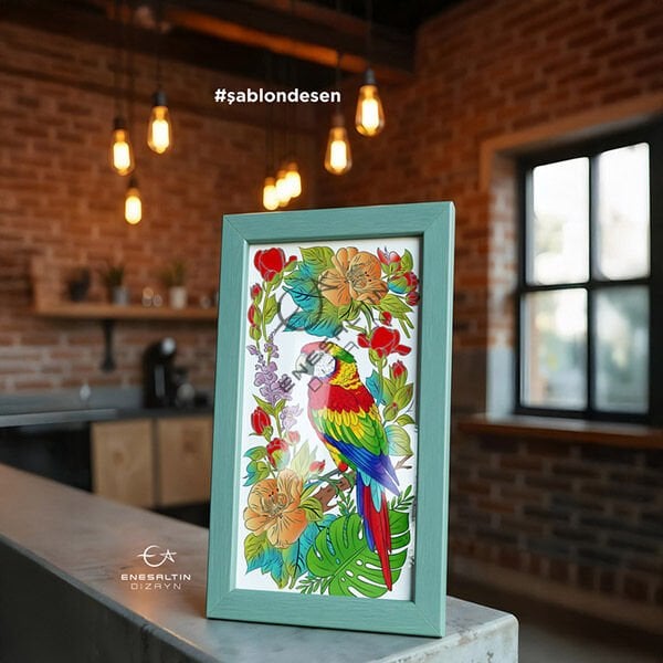 Şablon Desen 20x40 cm. - Papağan ve Tropikal Çiçek Egzotik Motifli Çini Karo Deseni