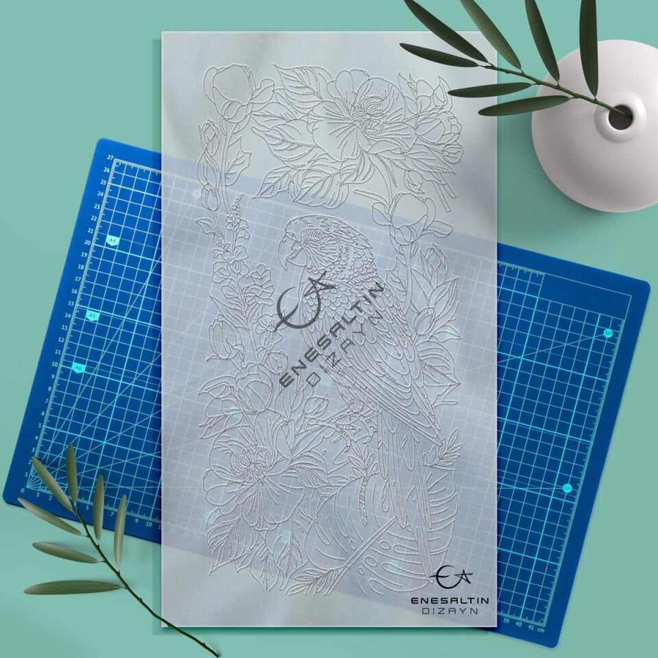 Stencil Pattern 20x40 cm. - Parrot and Tropical Flower Exotic Motif Ceramic Tile Design