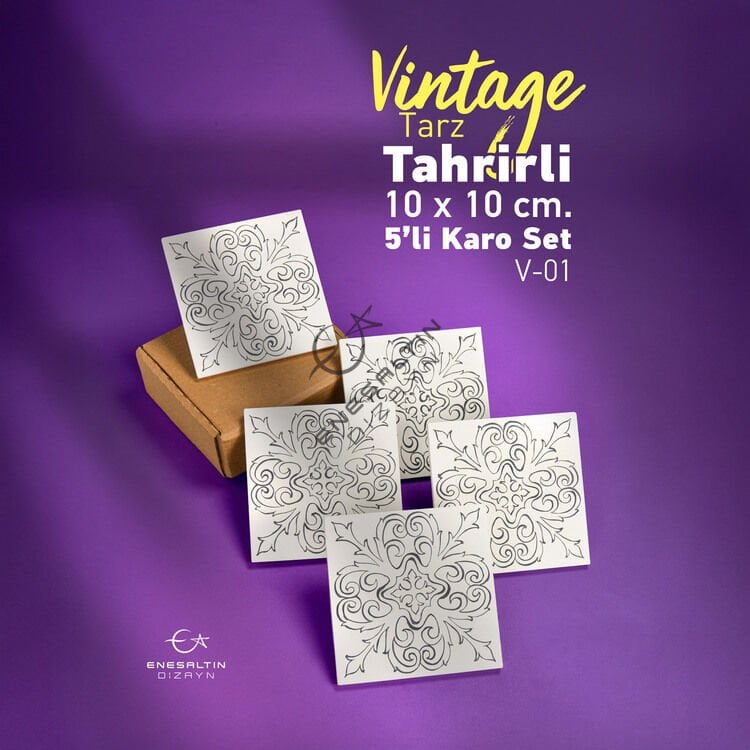 Tahrirli Ürün - Vintage Tarz (V-01) 10 x 10 cm Tahrirli 5'li Karo Seti
