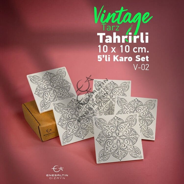 Tahrirli Ürün - Vintage Tarz (V-02) 10 x 10 cm Tahrirli 5'li Karo Seti