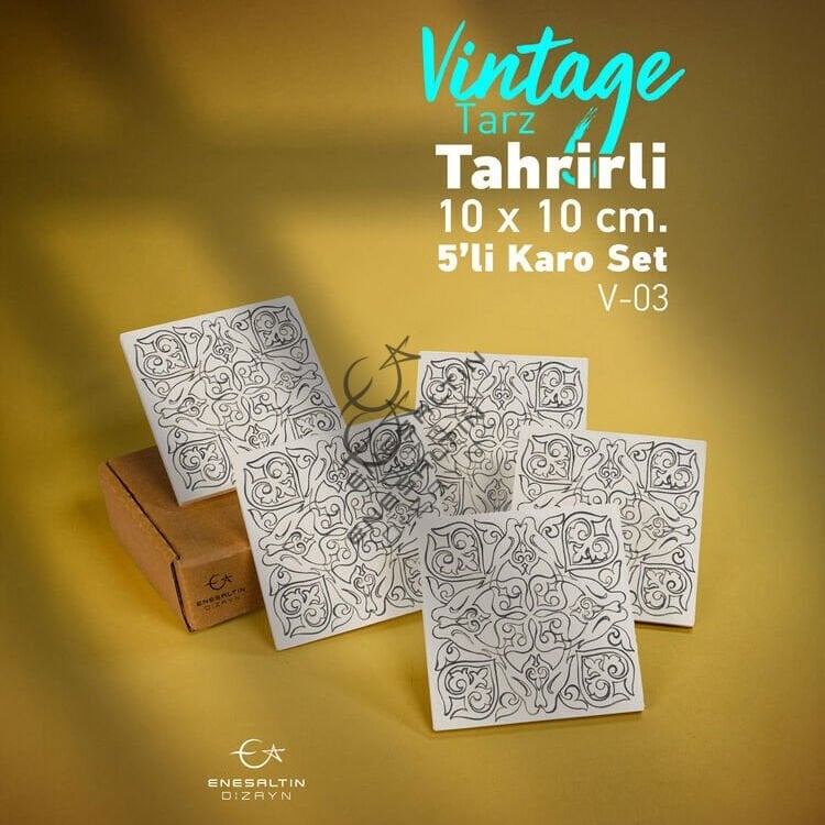 Tahrirli Ürün - Vintage Tarz (V-03) 10 x 10 cm Tahrirli 5'li Karo Seti