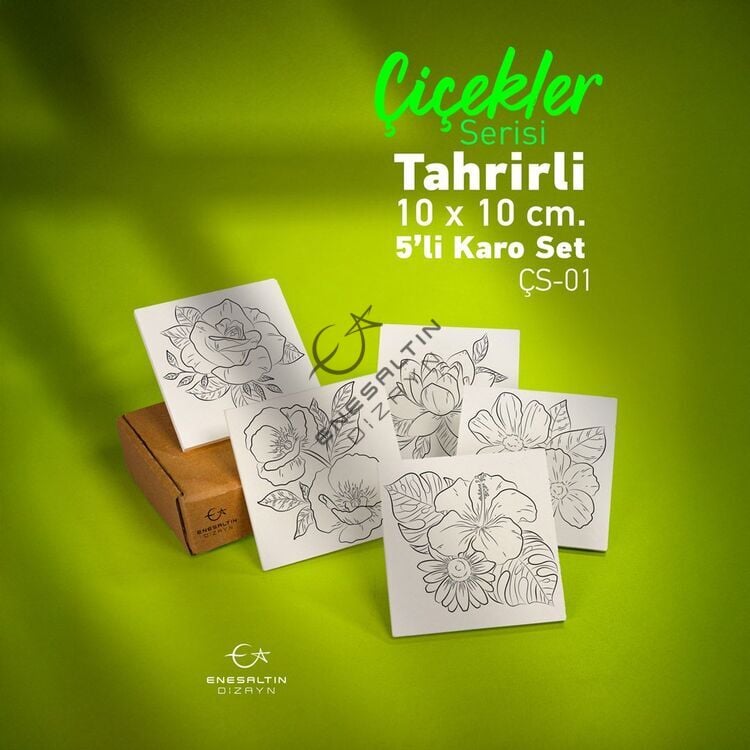 Tahrirli Ürün - Çiçekler Serisi (ÇS-01) 10 x 10 cm Tahrirli 5 'li Karo Seti