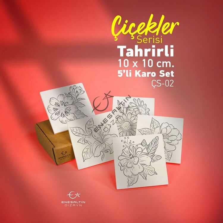 Tahrirli Ürün - Çiçekler Serisi (ÇS-02) 10 x 10 cm Tahrirli 5'li Karo Seti