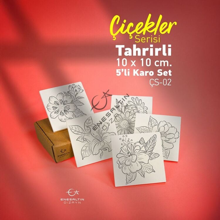 Tahrirli Ürün - Çiçekler Serisi (ÇS-02) 10 x 10 cm Tahrirli 5'li Karo Seti