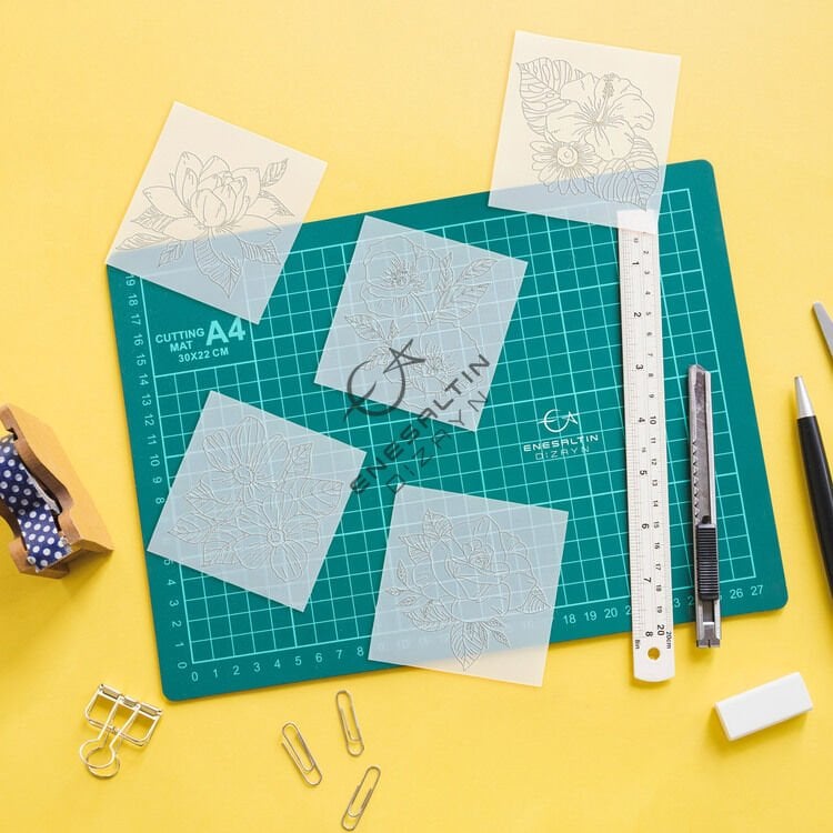 5'li Şablon Desen Seti - Çiçekler Serisi-1 Çini Karo Deseni - 10 x 10 cm.