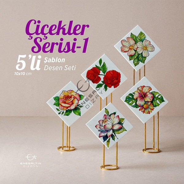 5'li Şablon Desen Seti - Çiçekler Serisi-1 Çini Karo Deseni - 10 x 10 cm.