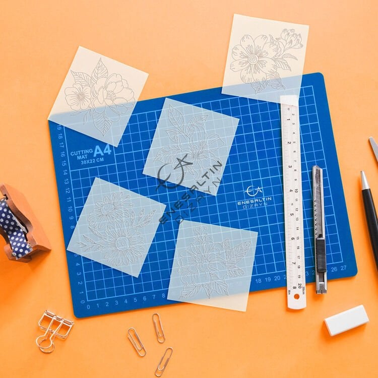 5'li Şablon Desen Seti - Çiçekler Serisi-2 Çini Karo Deseni - 10 x 10 cm.