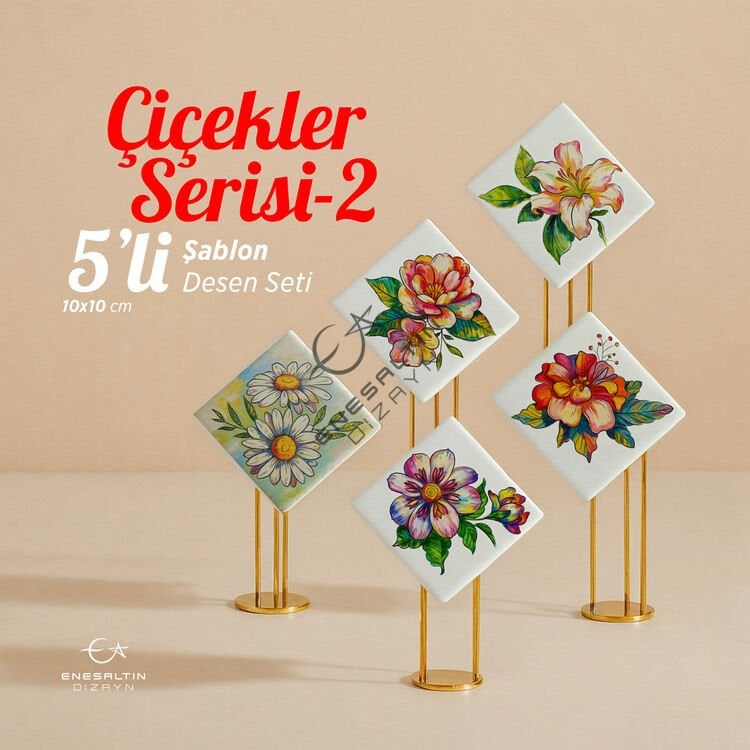 5'li Şablon Desen Seti - Çiçekler Serisi-2 Çini Karo Deseni - 10 x 10 cm.
