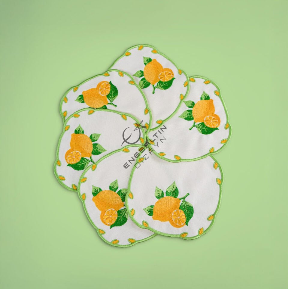 Limon Motifi Nakışlı 6'lı Kokteyl Peçete Seti