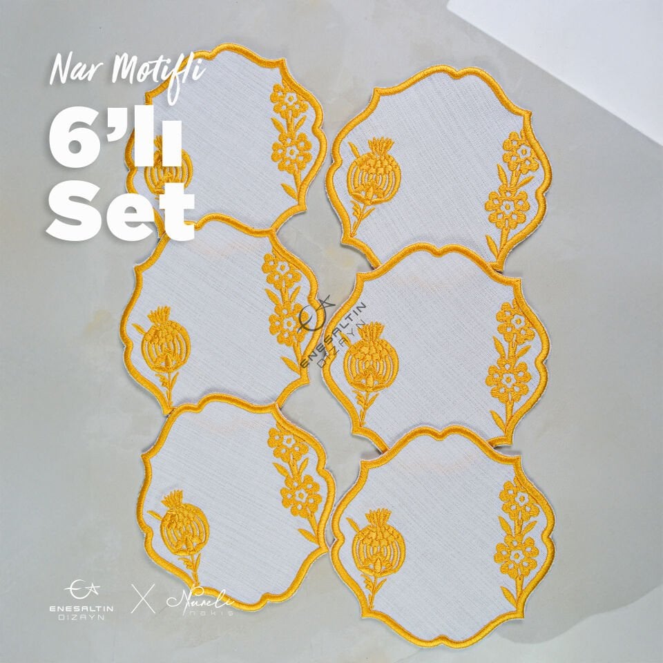Nar Motifi Nakışlı 6'lı Kokteyl Peçete Seti