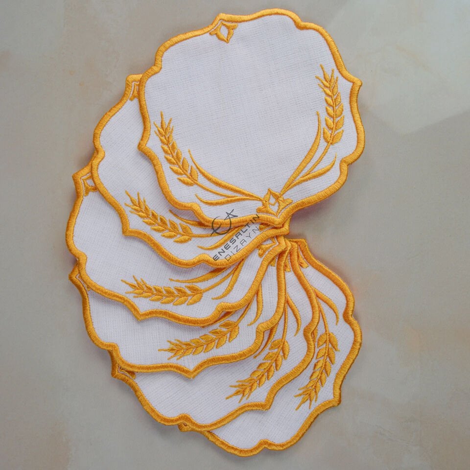 Buğday Motifi Nakışlı 6'lı Kokteyl Peçete Seti (Altın Renk)