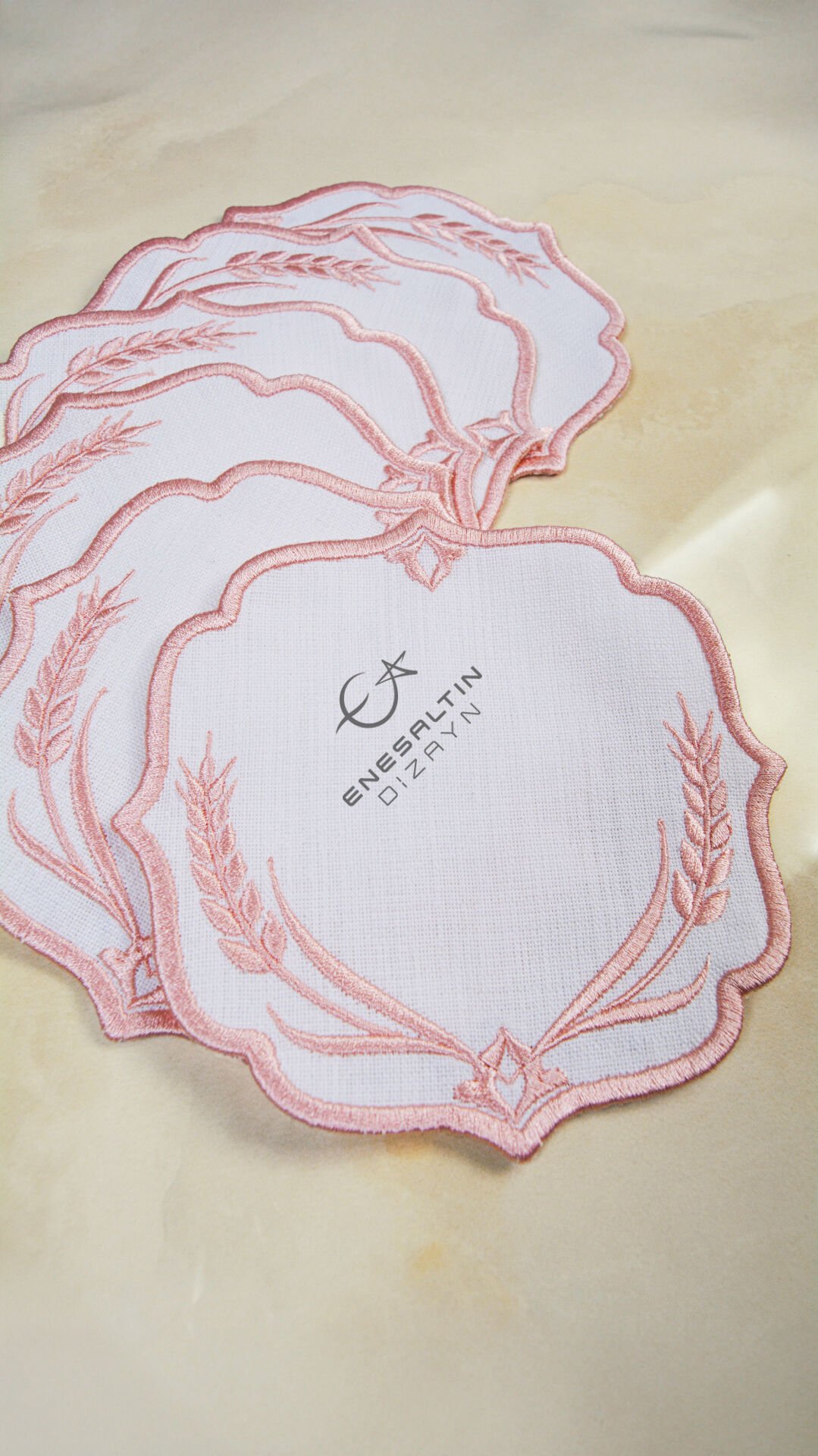 Wheat Motif Embroidered 6-Piece Cocktail Napkin Set (Rose Gold Color)