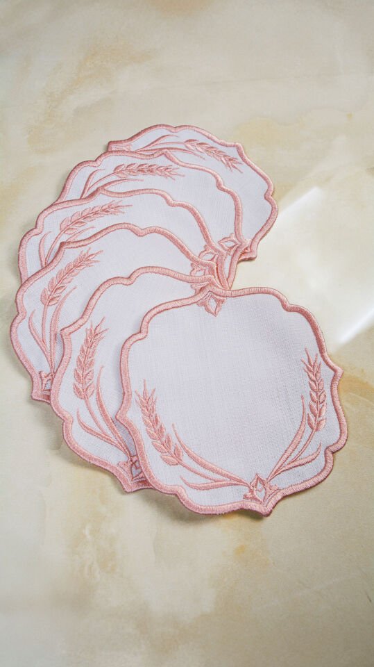 Buğday Motifi Nakışlı 6'lı Kokteyl Peçete Seti (Rose Gold Renk)