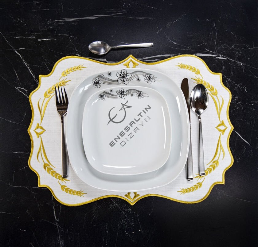 Buğday Nakışlı 6'lı Amerikan Servis Peçetesi (Altın Renk)