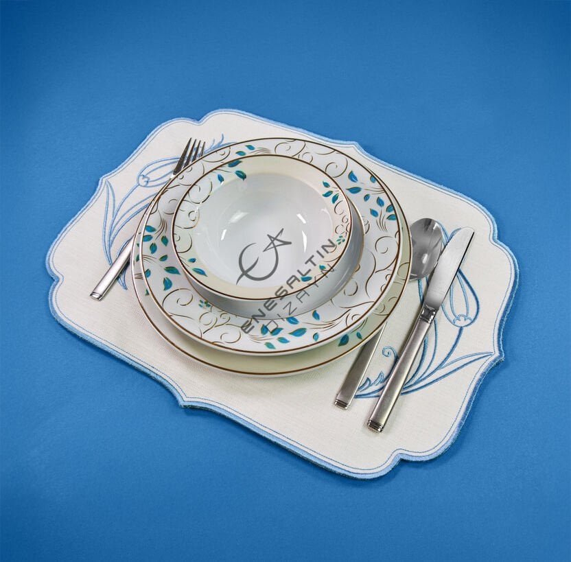 Lale Nakışlı 6'lı Amerikan Servis Peçetesi (Bebek Mavisi)