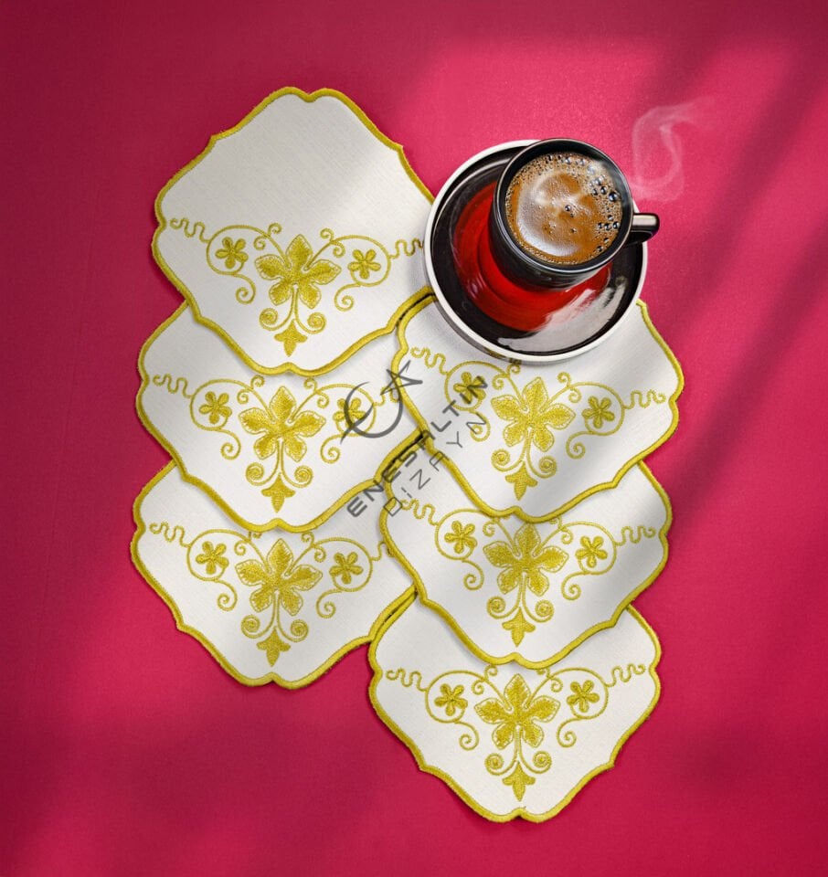 Asma Yaprağı Altın Simli Nakışlı 6'lı Kokteyl Peçete Seti