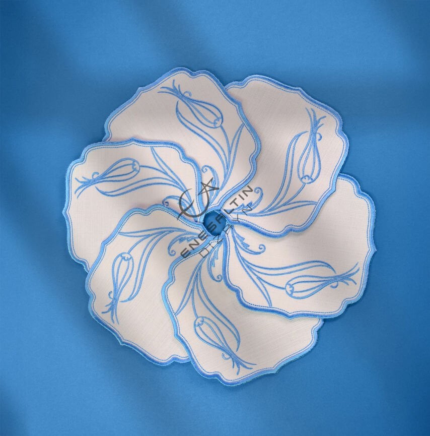 Lale Motifi Nakışlı 6'lı Kokteyl Peçete Seti / Bardak Altlığı (Bebek Mavisi)