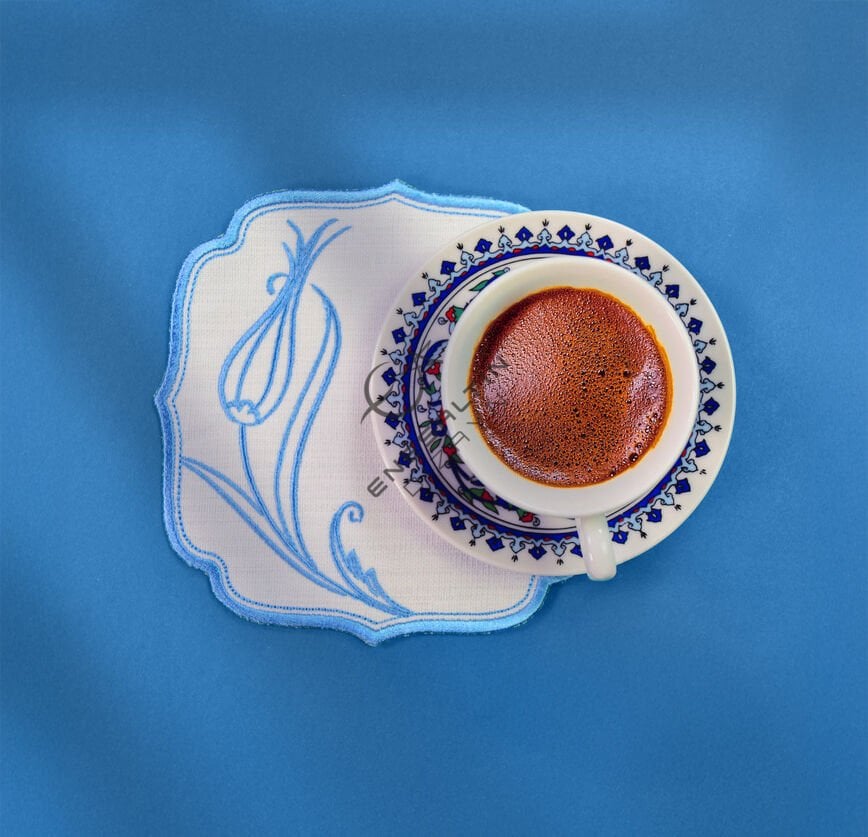 Lale Motifi Nakışlı 6'lı Kokteyl Peçete Seti / Bardak Altlığı (Bebek Mavisi)