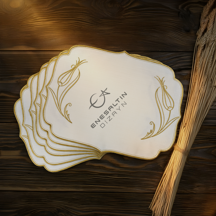 Lale Nakışlı 6'lı Amerikan Servis Peçetesi (Altın Renk)