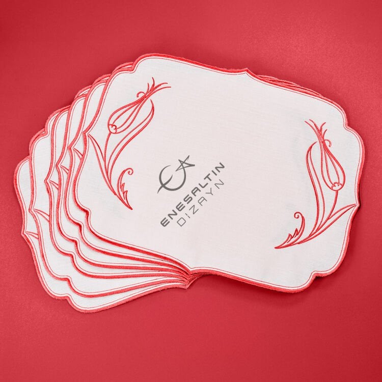 Lale Nakışlı 6'lı Amerikan Servis Peçetesi / Nakışlı Keten Supla (Kırmızı)