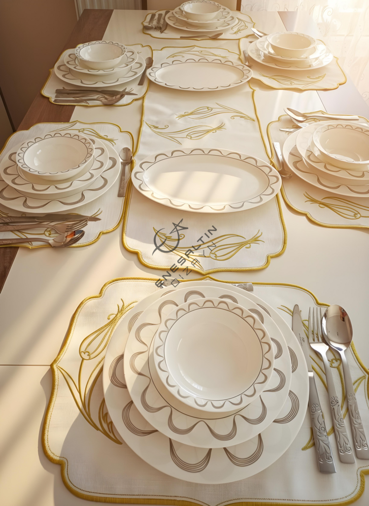 Lale Nakışlı 13 Parça Keten Sofra Takımı (Altın)