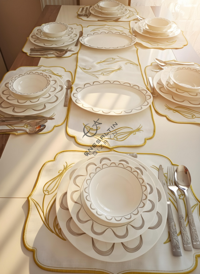 Lale Nakışlı 13 Parça Keten Sofra Takımı (Altın)