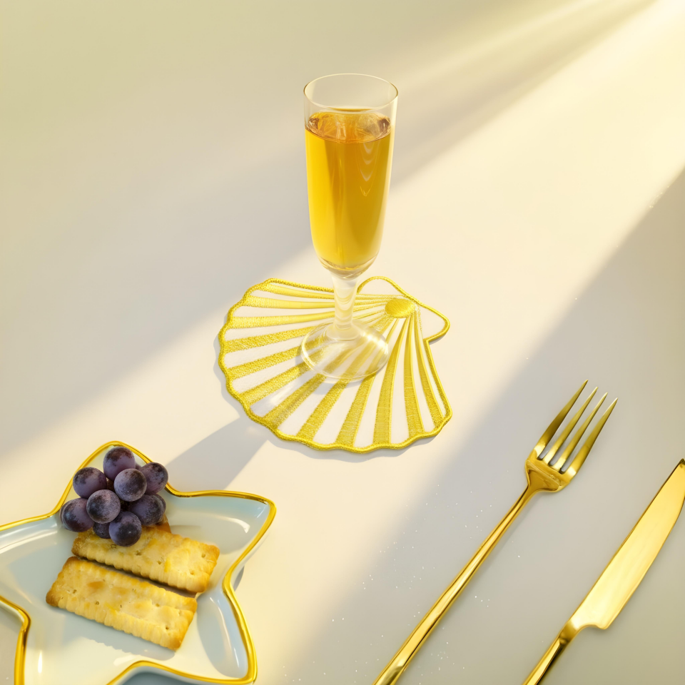 İstiridye Kesim ve Nakışlı 6'lı Kokteyl Peçete Seti (Gold)