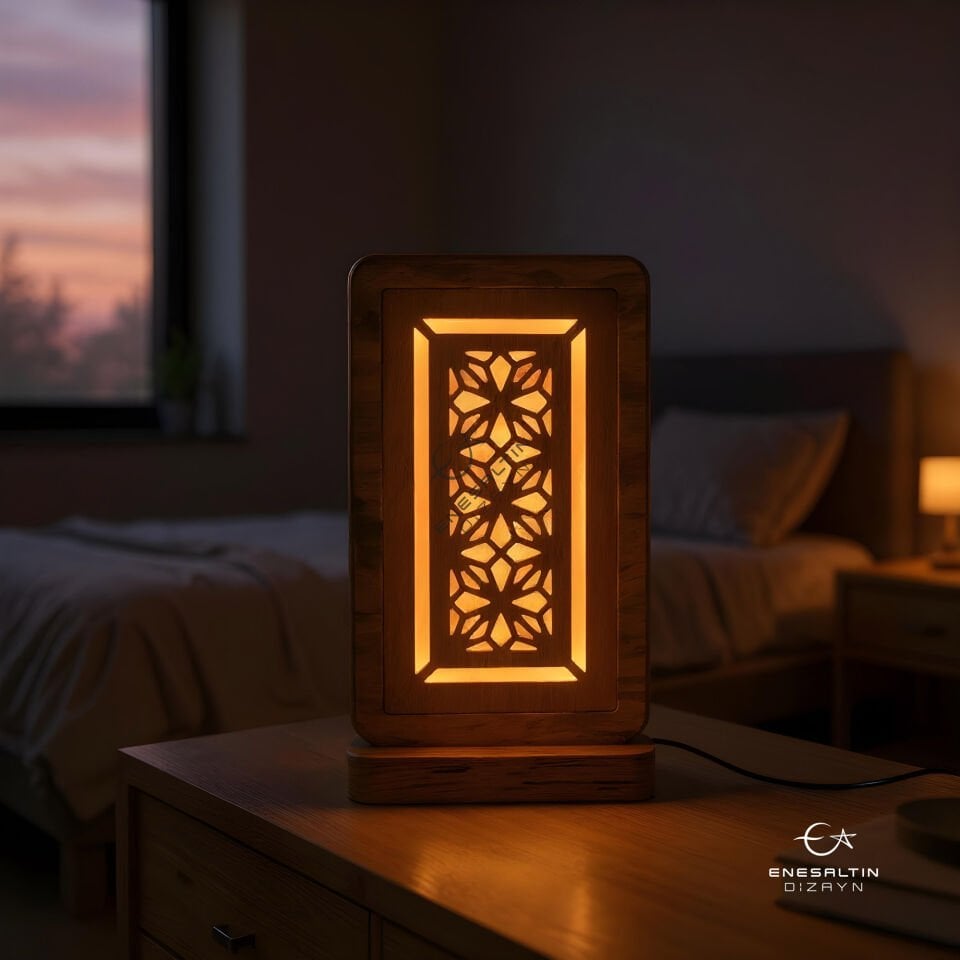 Geometrik Desenli Dekoratif Dokunmatik LED Ahşap Masa - Gece Lambası