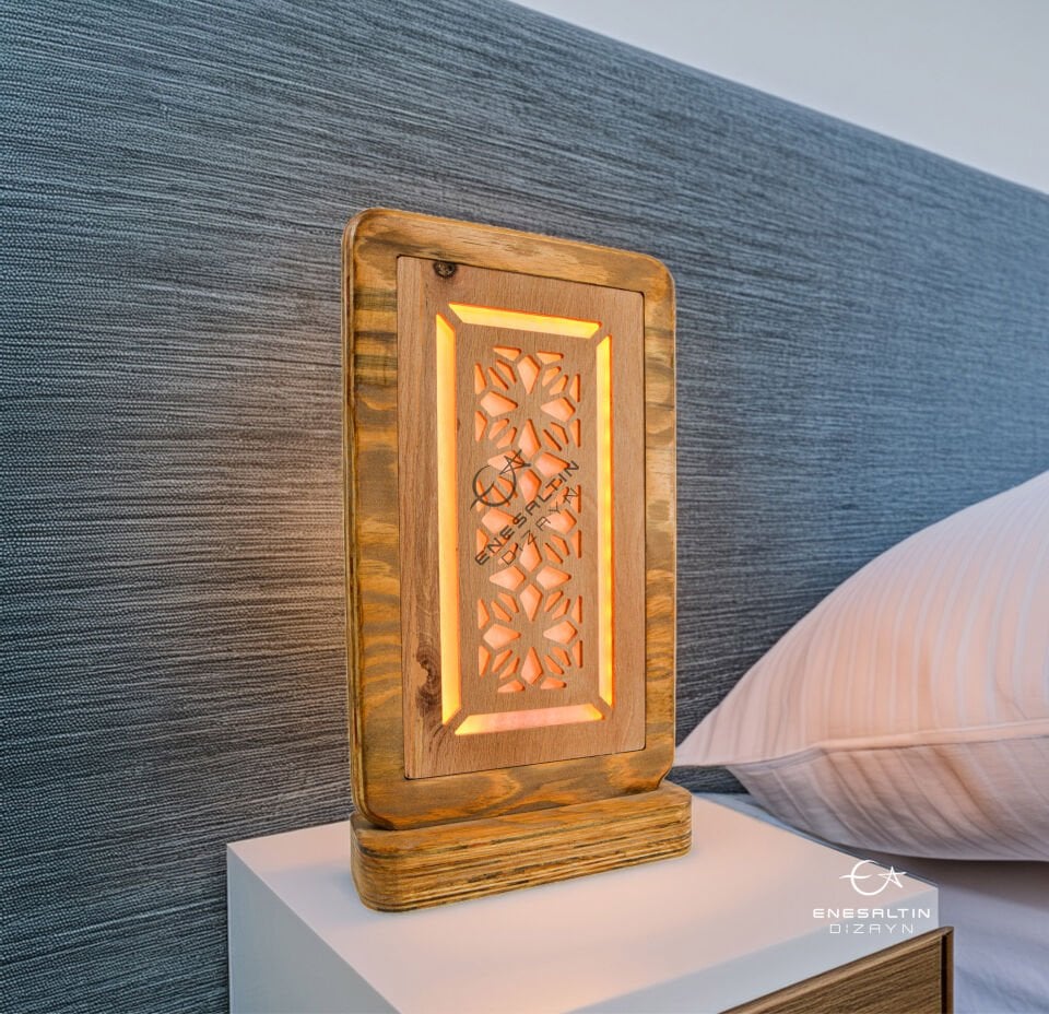 Geometrik Desenli Dekoratif Dokunmatik LED Ahşap Masa - Gece Lambası