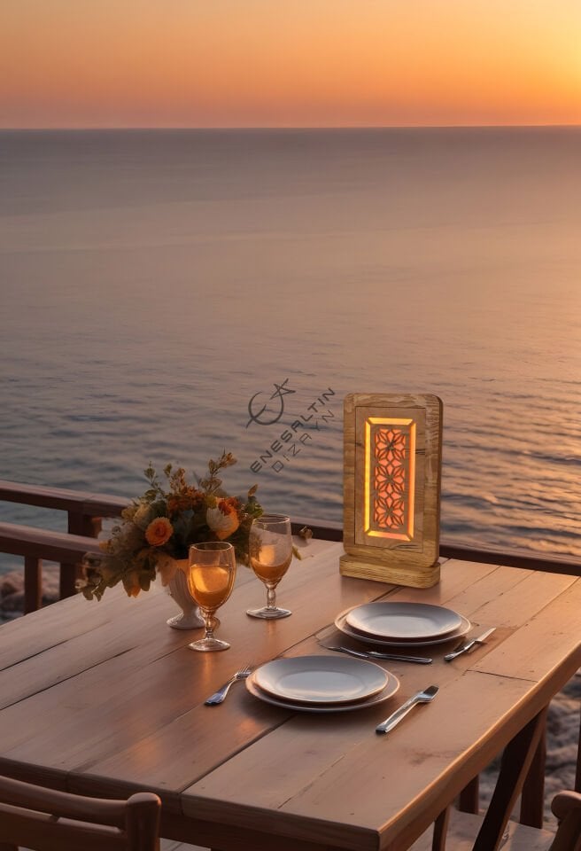 Geometrik Desenli Dekoratif Dokunmatik LED Ahşap Masa - Gece Lambası