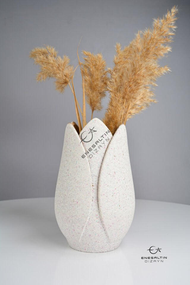 Özel Tasarım Taş Dokulu Beyaz Renk Lale Vazo