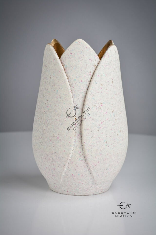 Özel Tasarım Taş Dokulu Beyaz Renk Lale Vazo