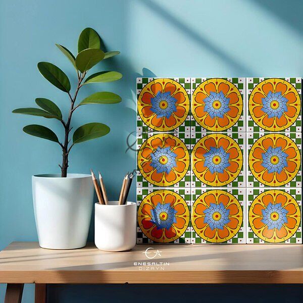 Tekno Şablon Desen 10 x 10 cm. - Sicilya Tarzı Limon Çiçeği Çini Karo Deseni