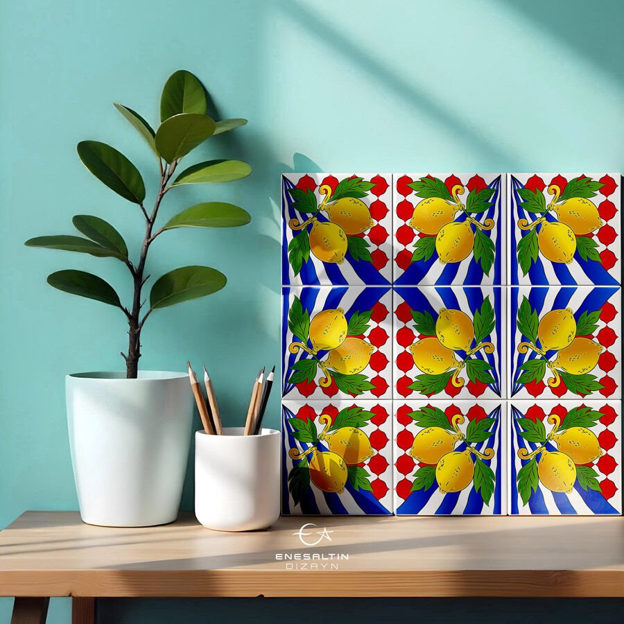 Tekno Şablon Desen 10 x 10 cm. - Sicilya Tarzı Barok Limon Motifli Çini Karo Deseni