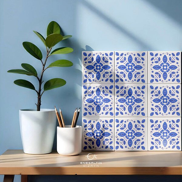 Tekno Şablon Desen 10 x 10 cm. - Sicilya Tarzı Minimal Yaprak Çini Karo Deseni