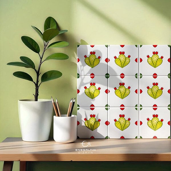 Tekno Şablon Desen 10 x 10 cm. - Sicilya Tarzı Tekli Kaktüs Çini Karo Deseni