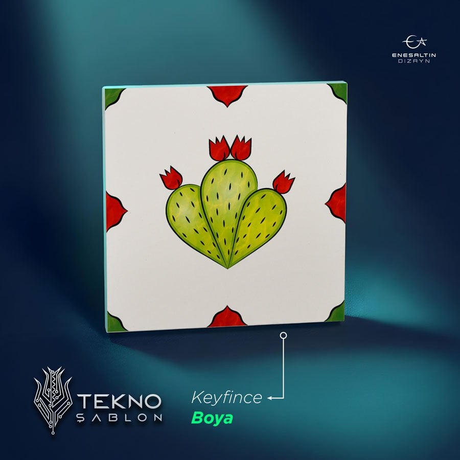Tekno Şablon Desen 10 x 10 cm. - Sicilya Tarzı Tekli Kaktüs Çini Karo Deseni
