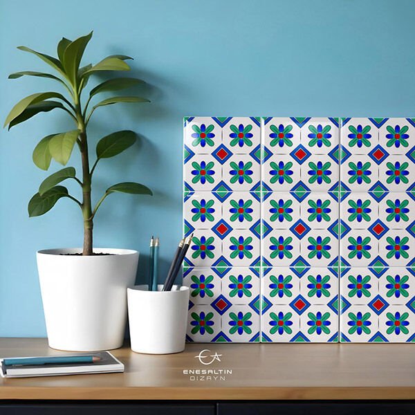 Tekno Şablon Desen 10 x 10 cm. - Sicilya Tarzı Geometrik Papatya Çini Karo Deseni
