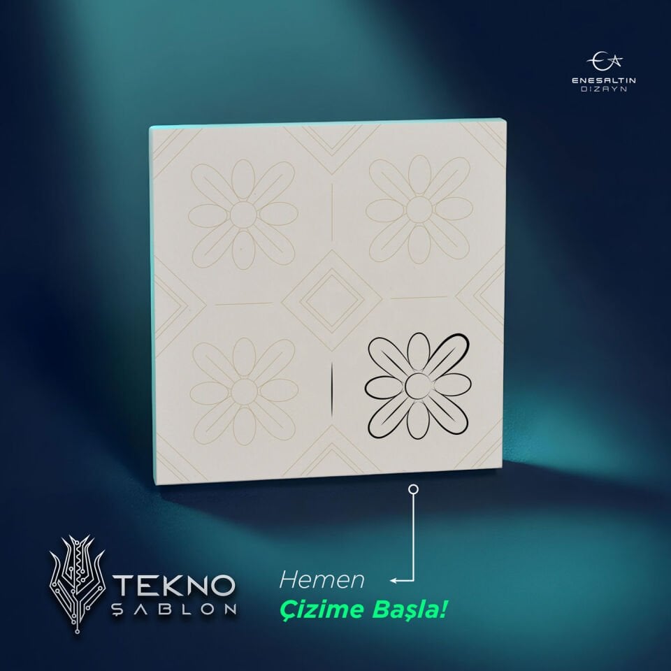 Tekno Şablon Desen 10 x 10 cm. - Sicilya Tarzı Geometrik Papatya Çini Karo Deseni